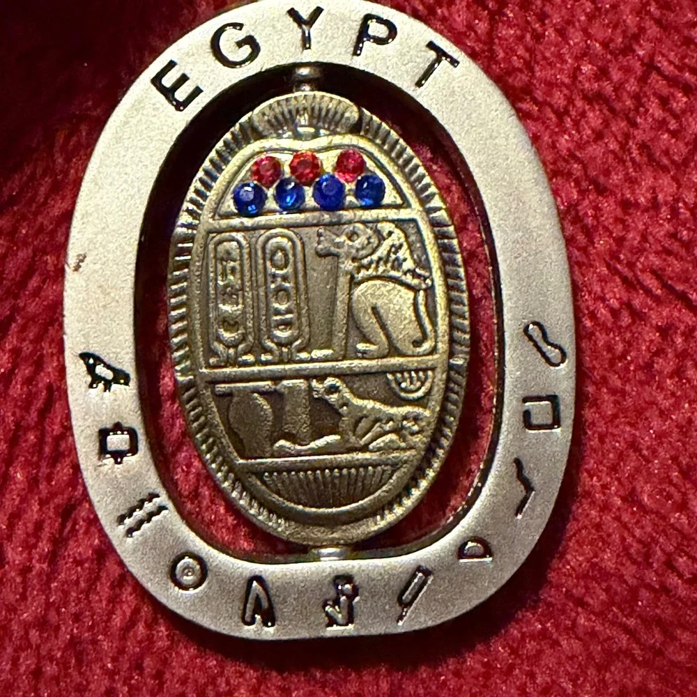 Vintage Egypt‎ Souvenir Keychain Spinning Hieroglyphic Medallion Rhinestone